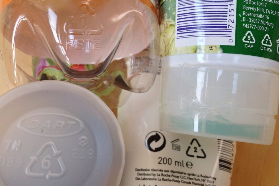 Recycling codes on a range of product packaging